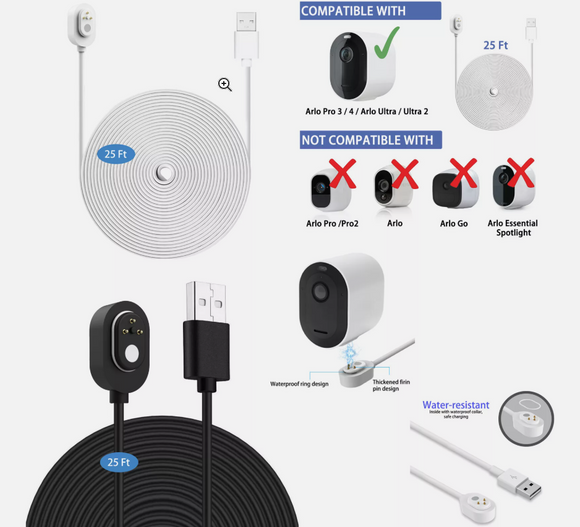 20ft/6m Outdoor Charging Cable for Arlo Pro 3/Arlo Pro4, Arlo Ultra/Arlo Ultra2