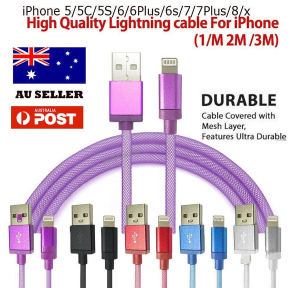 Heavy Duty USB Charger Cable for iPhone 8 7 6 X 11 Fast Charge Braided Data Lead