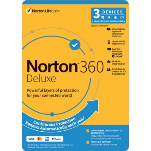 Norton 360 Deluxe 1 Year 3 or 5 Devices PC MAC ios VPN E-License Key 2025-2026