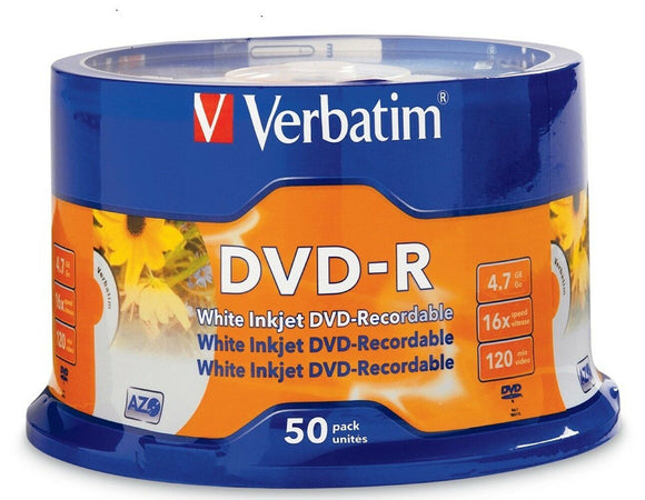 Verbatim DVD-R 50PK 16X 4.7 GB FULL White Inkjet Printable Verbatim Brand new